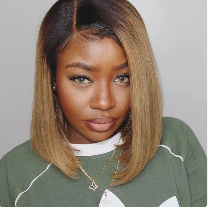 Perruque Bob Lace Wig naturelle lisse, cheveux courts, brun miel ombré, 1b27, avec Baby Hair,